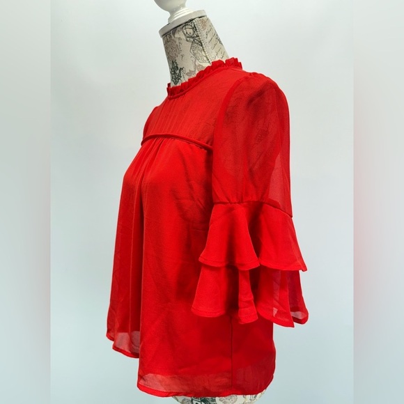 MONTEAU Cherry red sheer ruffle sleeve top size S. - Picture 3 of 13